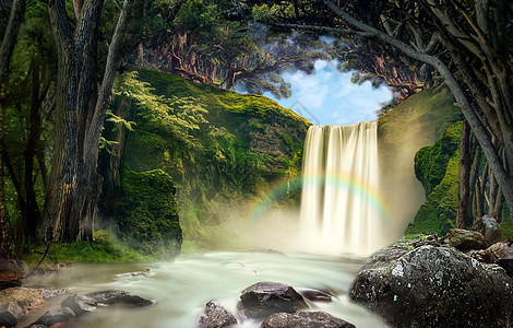 梦幻森林里的瀑布背景图片