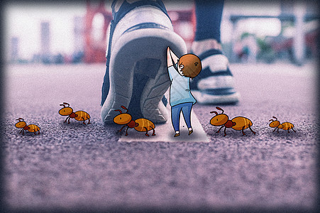美女跑步蚂蚁过马路创意摄影插画插画