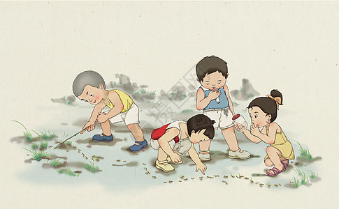 暑假儿童童趣数蚂蚁插画
