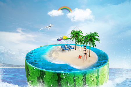 西瓜里的海洋夏季西瓜上的沙滩场景设计图片