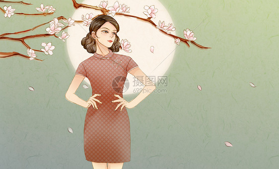 中国风复古月下旗袍美女图片