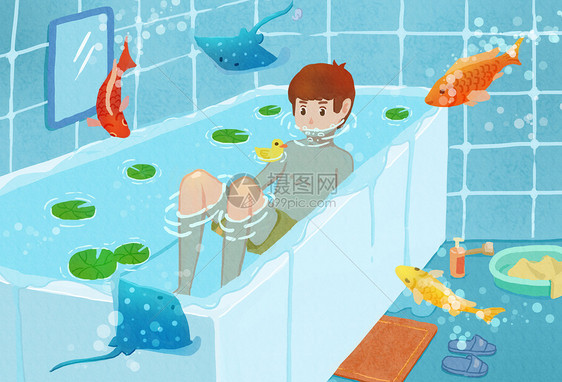 在浴缸里泡澡的男孩图片
