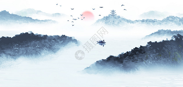 展翅鸟中国风水墨山水画插画