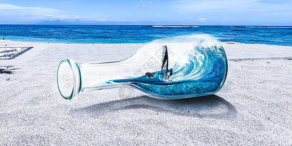 冲浪玻璃瓶海滩高清图片