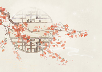树枝中国风水彩背景插画