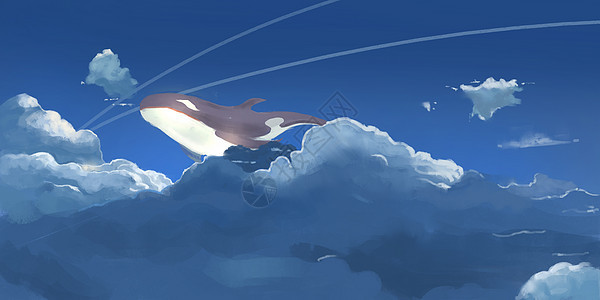 云端上的鲸鱼插画图片