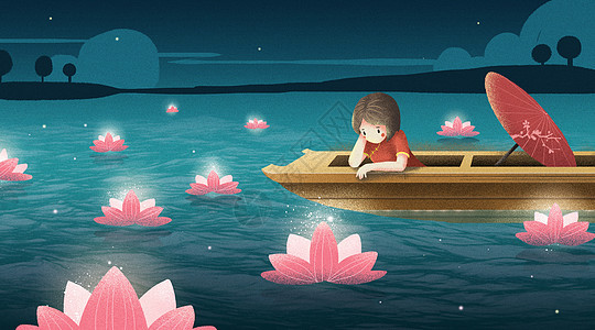 女孩中元节乘船放河灯插画图片