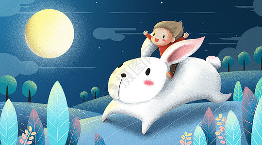 中秋节骑兔子插画图片