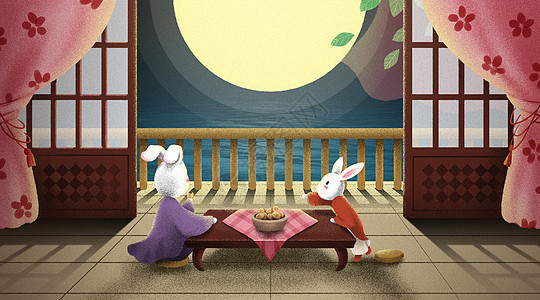 中秋节兔子团圆赏月插画图片