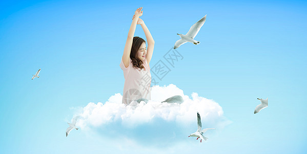 天空飞鸟盘坐在白云里的人设计图片