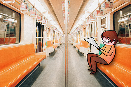 地铁看报纸创意摄影插画图片