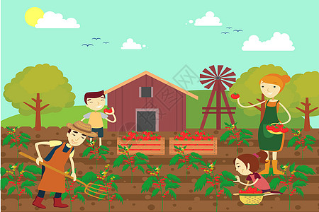 风车农场一家人种菜插画