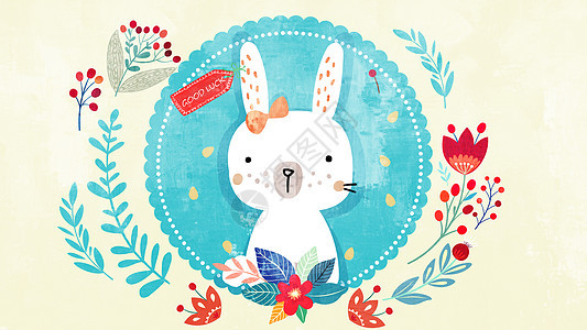蓝色清新风可爱兔子和花朵插画图片