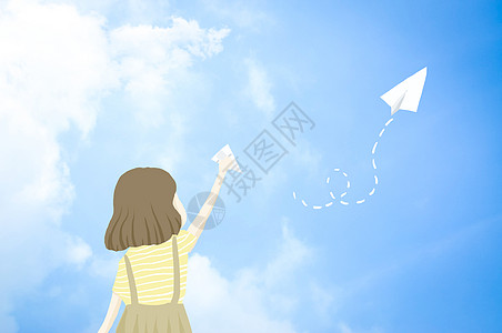 折纸飞机的小女孩创意摄影插画图片
