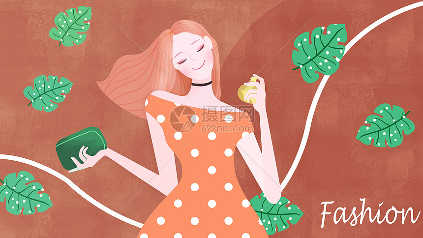 橙色INS风清新美女香水时尚购物插画图片