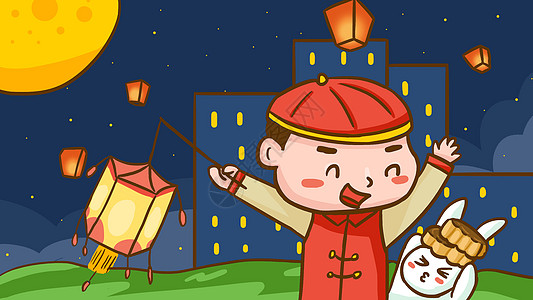 中秋促销中秋节拿灯笼的小孩和玉兔插画