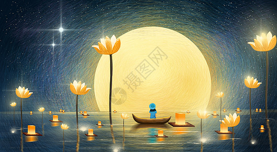 中秋节圆月夜晚的湖面高清图片