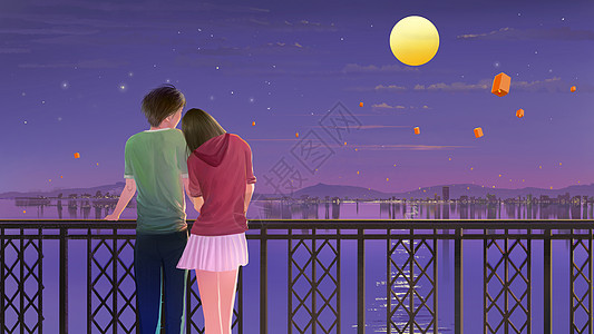 背景灯火情侣在桥上看月亮插画