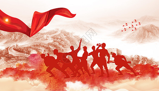 雨中雕塑中国人民抗战胜利纪念日设计图片