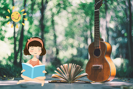吉他旁看书的小女孩创意摄影插画图片