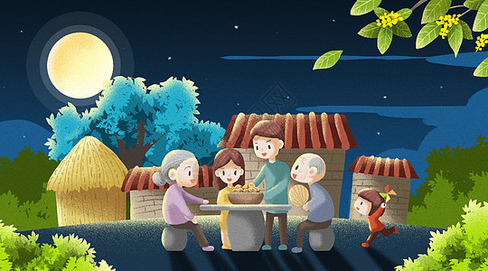 中秋节全家团圆吃月饼插画图片