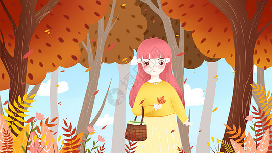 秋天森林女孩插画图片