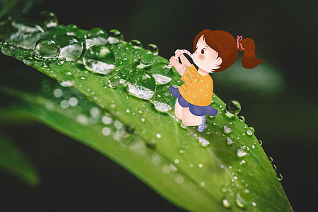 喝水的小女孩喝露水插画