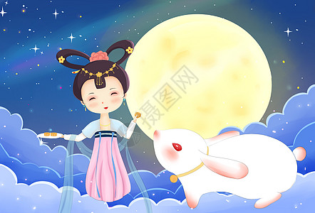 中秋节嫦娥月兔和月饼高清图片