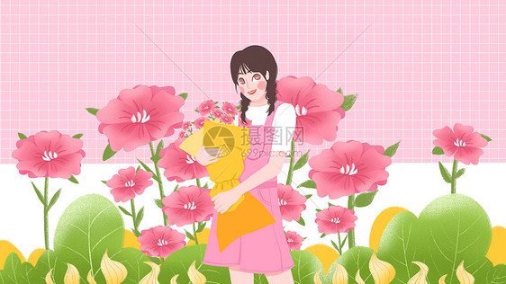 文艺小清新教师节捧花女孩插画图片