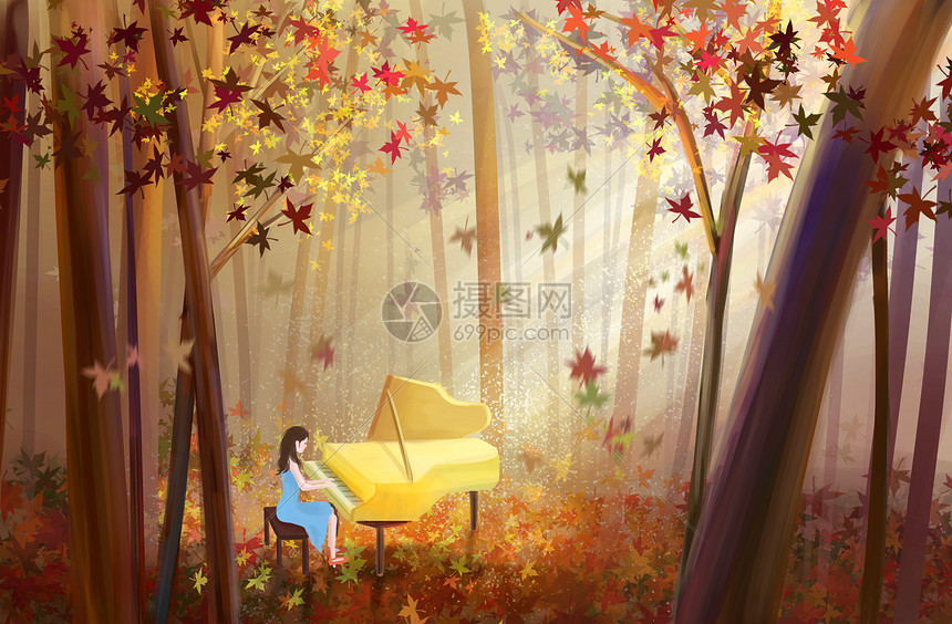 秋季树林里弹琴的女孩图片