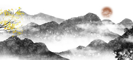 中国风水墨山水背景插画图片