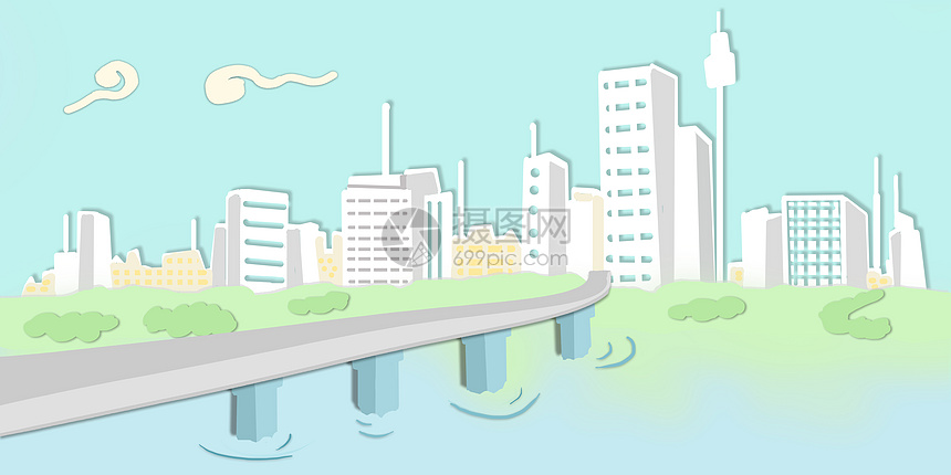 手绘城市桥梁建筑矢量插画图片