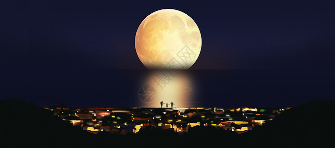 雅典夜景海上明月插画