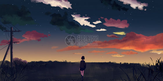 夕阳星空插画图片