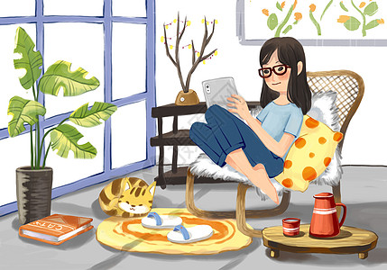 休闲划船秋季午后休闲时光插画