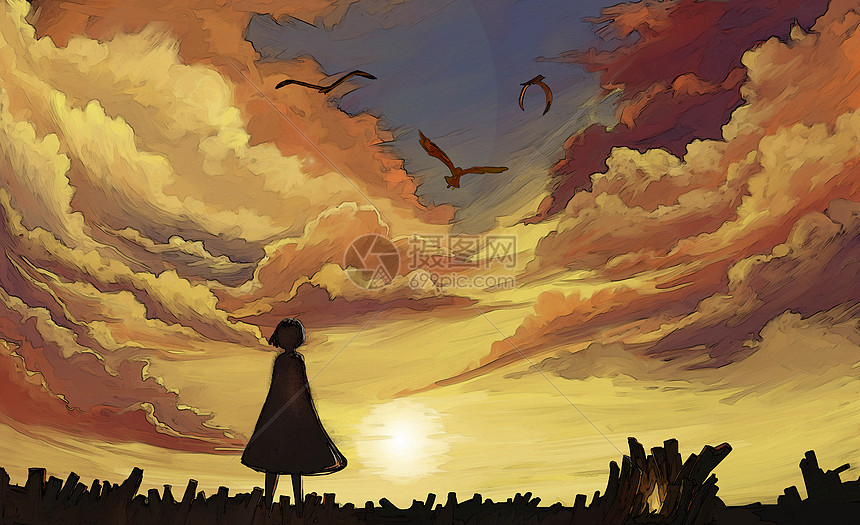 少女与夕阳插画图片下载-正版图片400592119-摄图网