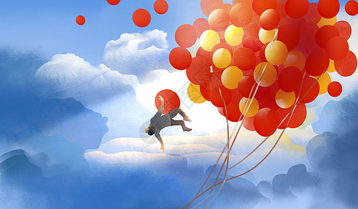 红色的天空云层上飘扬的气球与男孩的梦插画