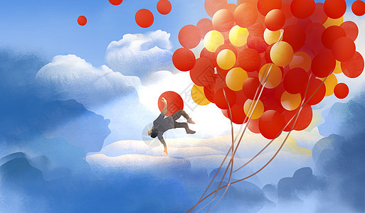 云层上飘扬的气球与男孩的梦图片