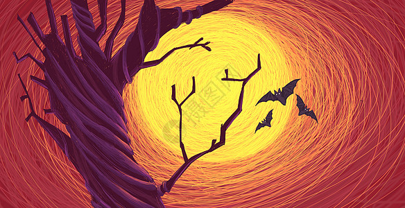 手绘万圣节枯树蝙蝠图片