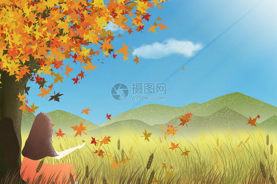 秋天靠在树旁的女孩背影图片