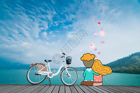 情侣骑单车看海创意摄影插画背景图片