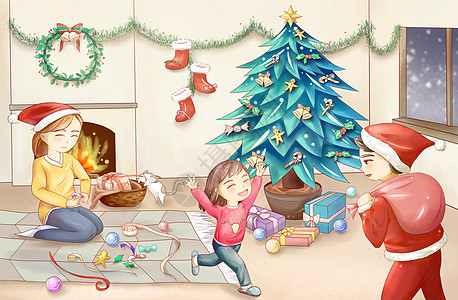 中国风封面圣诞节晚上的一家插画