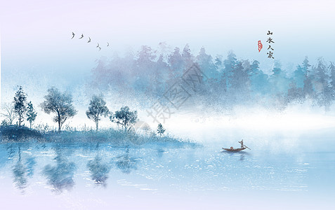 湖水风光山水风光中国风插画插画