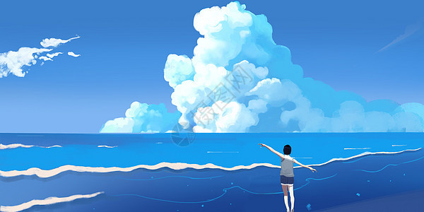蘑菇云海边插画图片