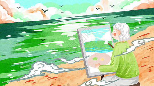 重阳节沙滩老人高清图片