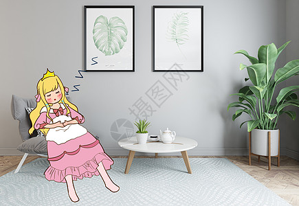 室内设计手绘睡着的公主插画