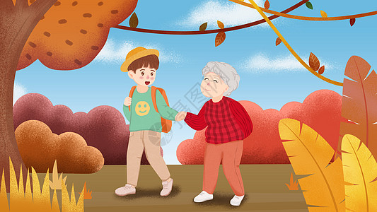 重阳节陪伴老人户外散步插画背景图片