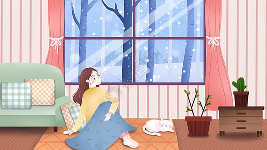二十四节气大雪内室女孩赏雪插画图片