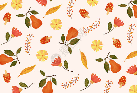 秋天背景素材复古秋天果实花朵背景插画