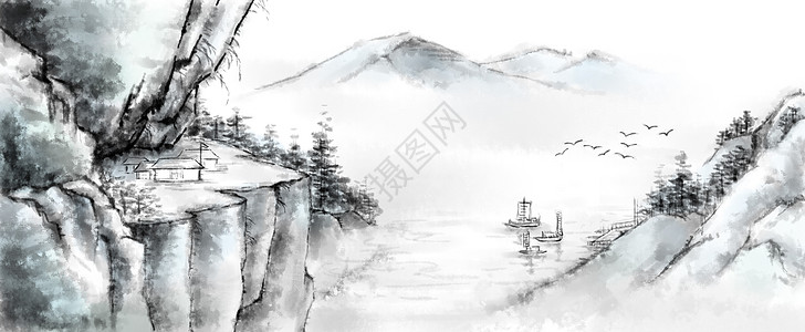 长江码头水墨山水插画